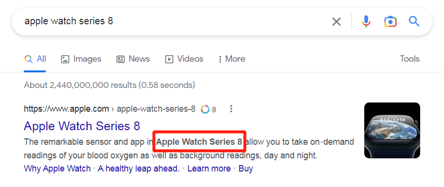 apple watch series 8在谷歌搜索上的meta description显示