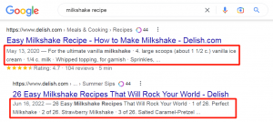 "Milk shake" serp on Google