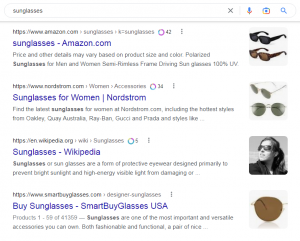 sunglasses在谷歌搜索结果页面上的meta description显示
